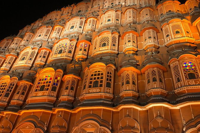Guided Night Tour of Jaipur With Optional Street Food Tasting - Jaipur after sunset, with the monuments lit up