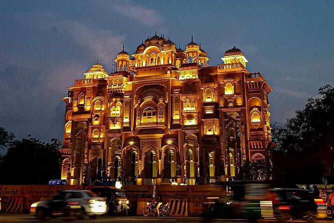 Magical Jaipur Night Tour Including Patrika Gate - Albert Hall Museum lit against the night